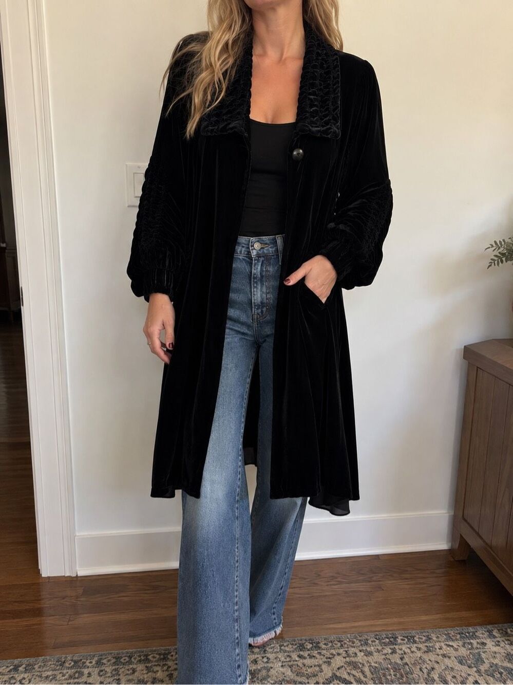 Vintage Marrika Nakk Black Velvet Silk Coat With Ruched Details One Size